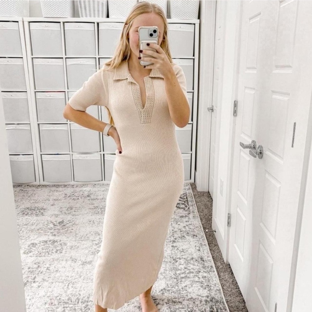 Caroline Constas Ribbed Knit Crochet Collar Midi Dress Tan Medium